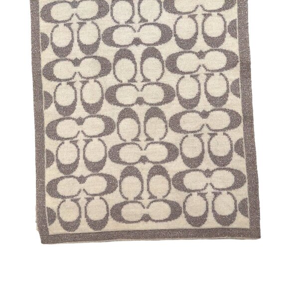 COACH Classic Silver & Cream Monogram C Logo Wool Blend Pre-owned Scarf - Picture 10 of 13